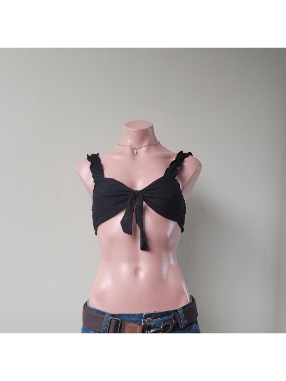 Solid Black Floral Lace Panel Bralette Camisole Tank Top (M)